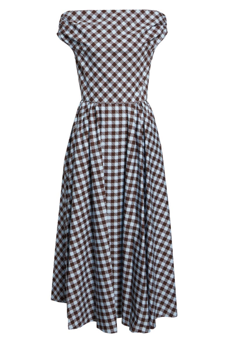 Gingham Print Cotton Stretch Poplin Off the Shoulder Dress, Alternate, color, ICE/ MAHOGANY