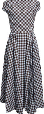 Oscar de la Renta Gingham Print Cotton Stretch Poplin Off the Shoulder Dress