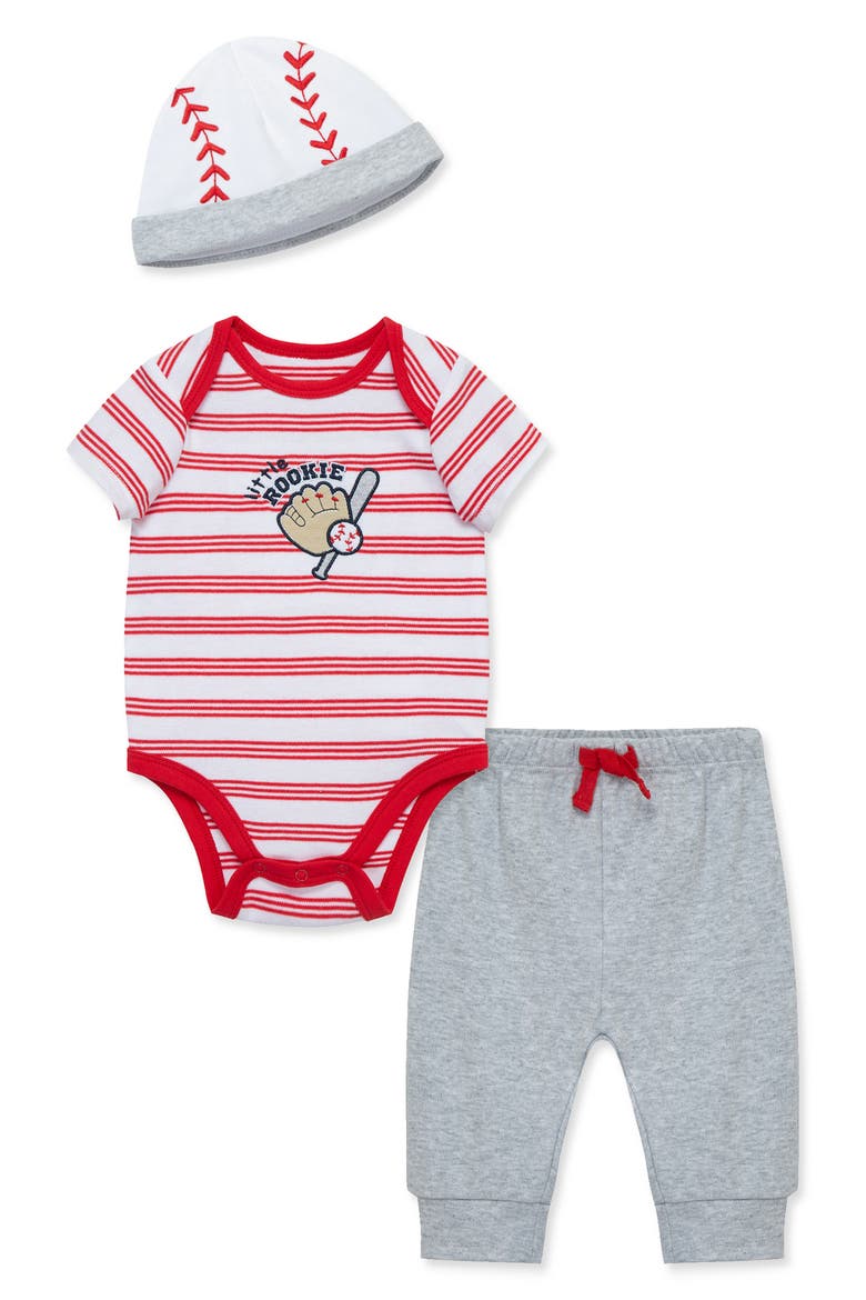Baseball Cotton Bodysuit, Joggers & Hat Set, Main, color, GREY