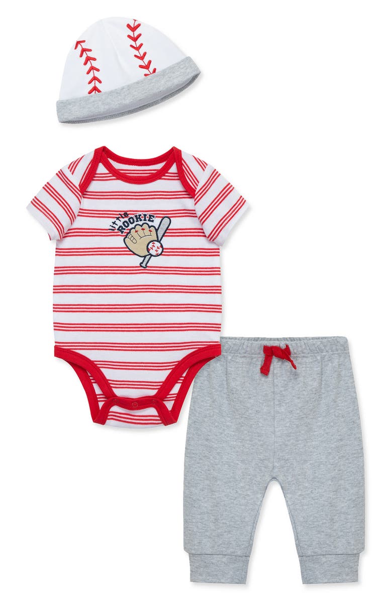 Little Me Baseball Cotton Bodysuit, Joggers & Hat Set, Main, color, 
