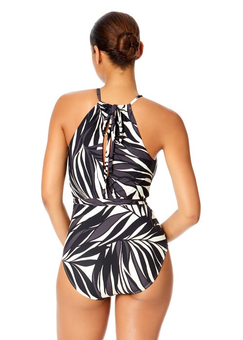 Anne Cole Live In Color High Neck Plunge One Piece Swimsuit In Palm Chic