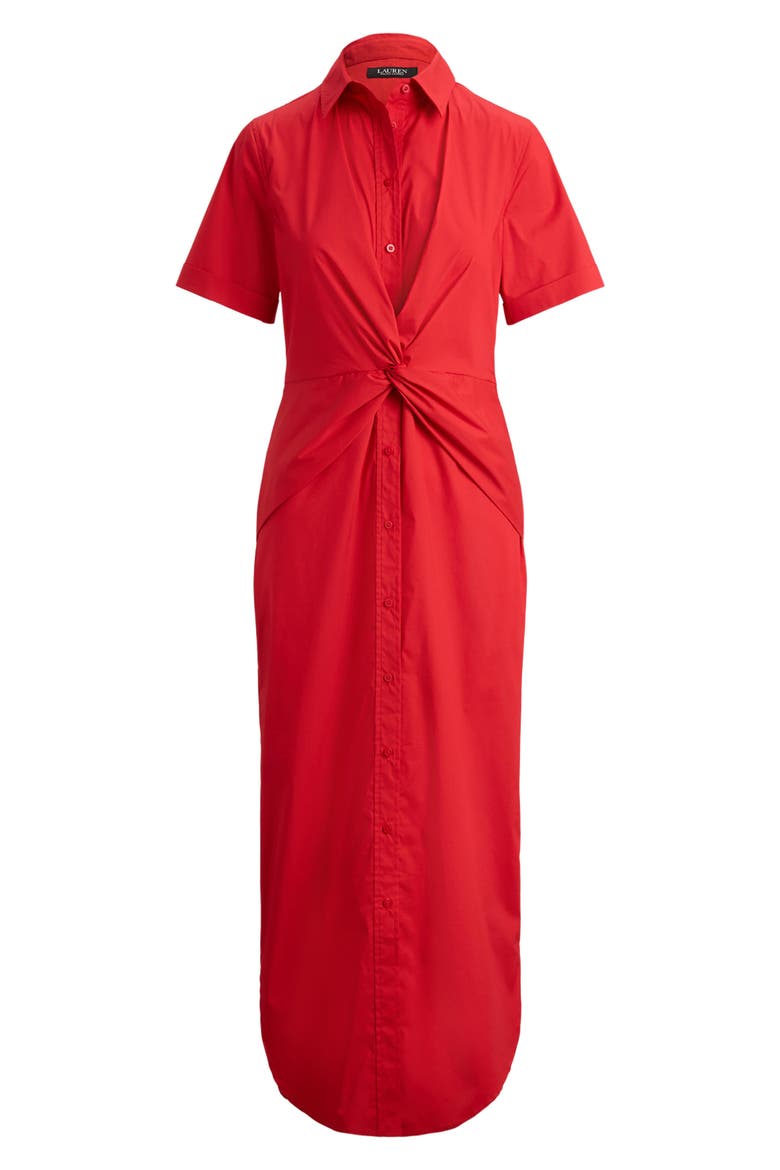 Twist Front Cotton Blend Shirtdress, Alternate, color, RED