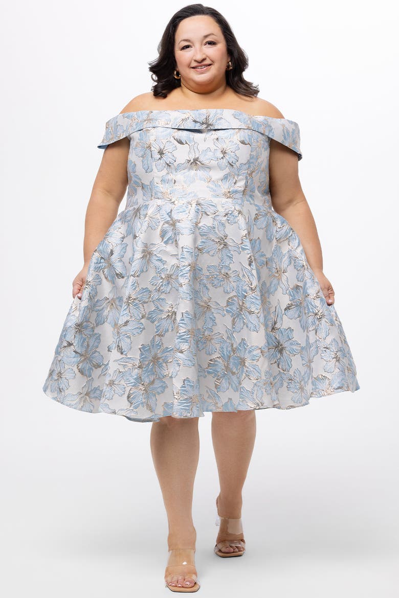 Off-The-Shoulder Brocaade Plus Size Party Dress, Alternate, color, Light Blue Floral