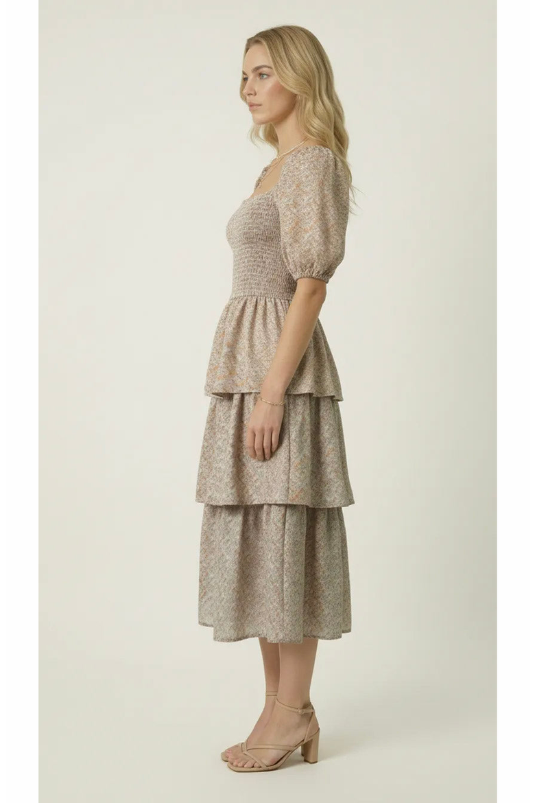 Smocked Tiered Puff Sleeve Maxi Dress, Alternate, color, Beige / Terracotta