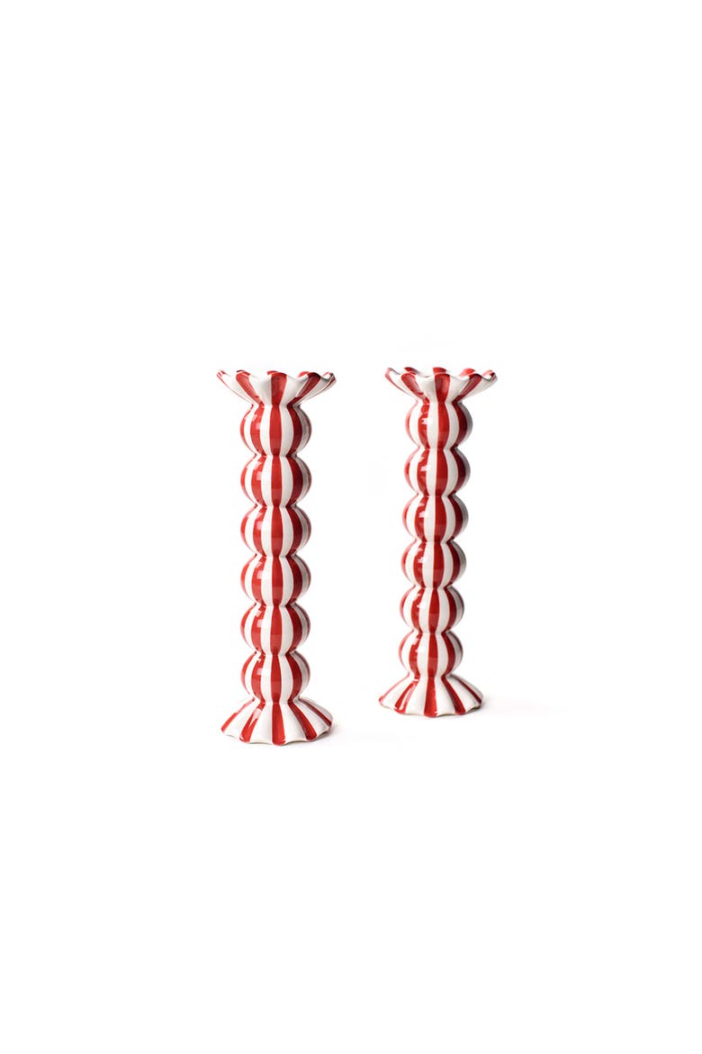 Red Stripe Large Ruffle Knobbed Candle Holder Set of 2, Main, color, Red