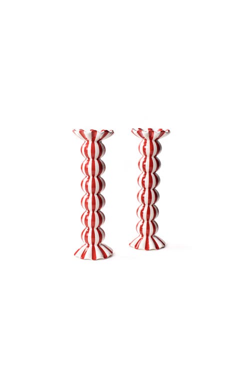 Red Stripe Large Ruffle Knobbed Candle Holder Set of 2