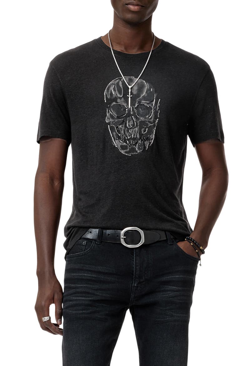 Chain Skull Appliqué Slub Linen Blend T-Shirt, Main, color, BLACK