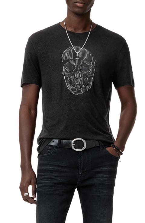 Chain Skull Appliqué Slub Linen Blend T-Shirt