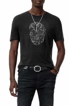 John Varvatos Chain Skull Appliqué Slub Linen Blend T-Shirt