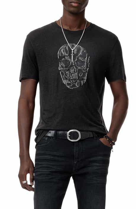 John Varvatos Chain Skull Appliqué Slub Linen Blend T-Shirt