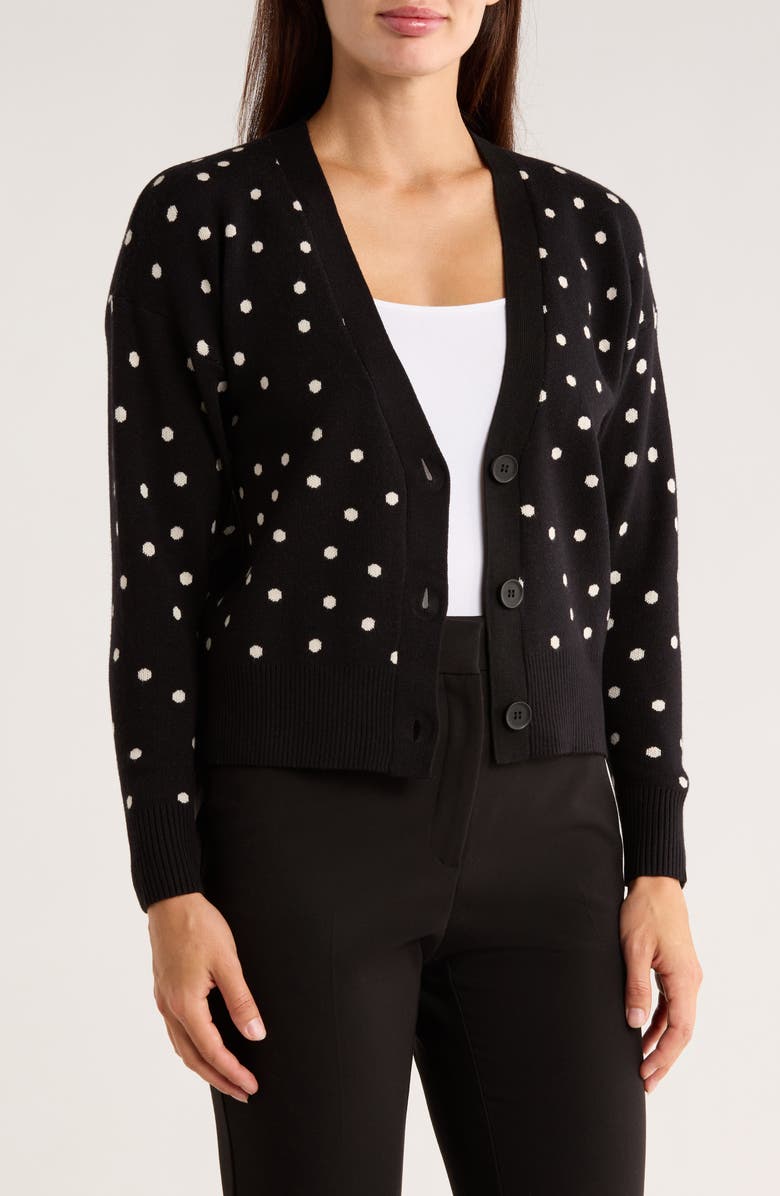 Tahari V-Neck Crop Cardigan, Main, color, Black / White Dot