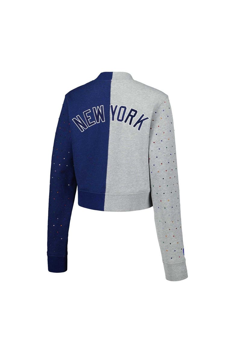 Women's Terez Gray/Navy New York Yankees Cropped Button-Up Cardigan, Alternate, color, Gray