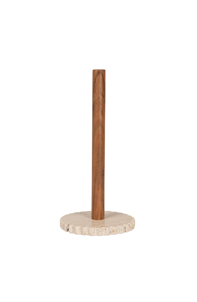 Storied Home Acacia Wood Paper Towel Holder with Scalloped Travertine Base, Natural and Cream Color, Alternate, color,