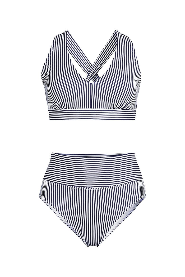 Plus Size V-Neck Bikini and High Waisted Bottom Swimsuit Set, Alternate, color, Deep Sea Navy Mini Stripe