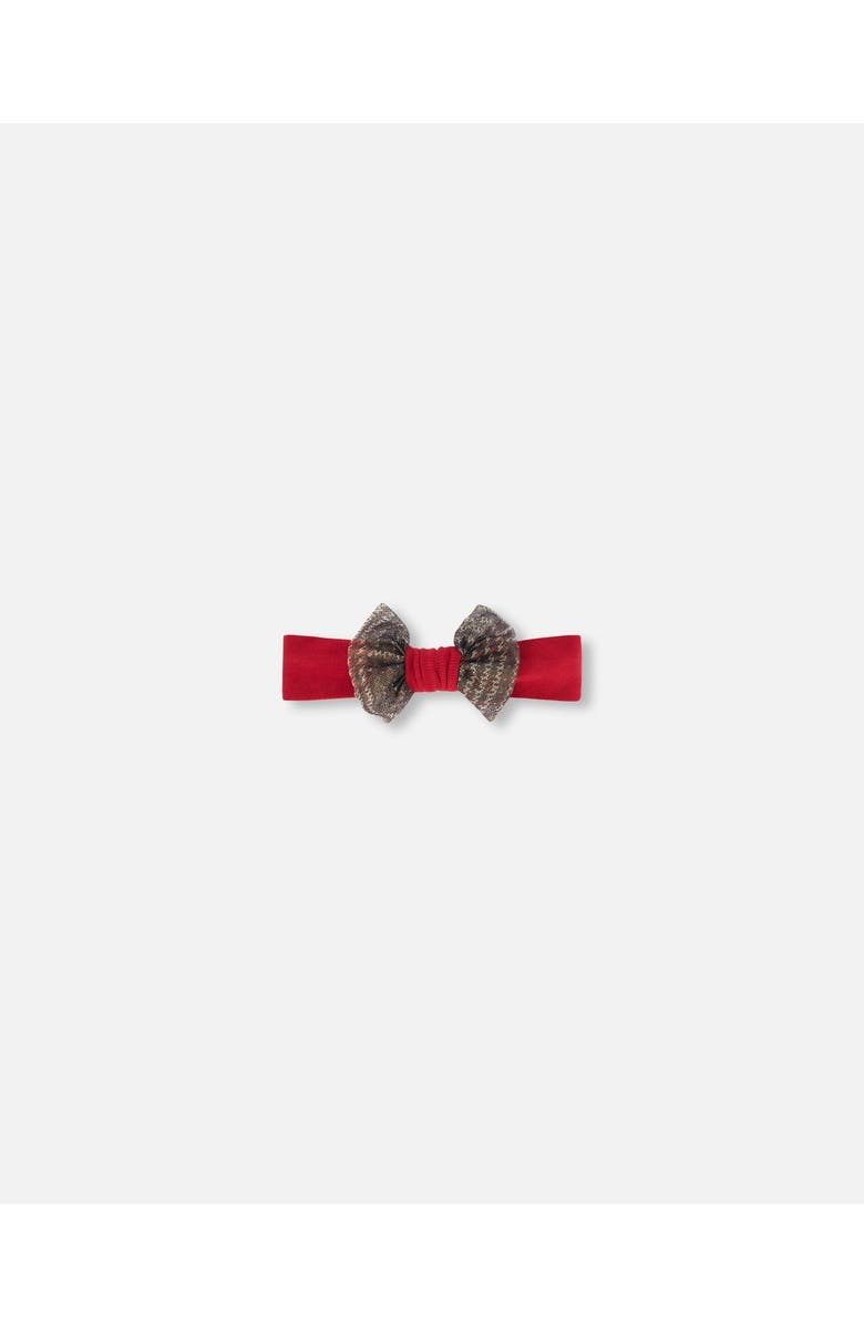 Deux par Deux Girl's Headband With Glittering Tulle Bow Red Plaid, Main, color, Jester Red