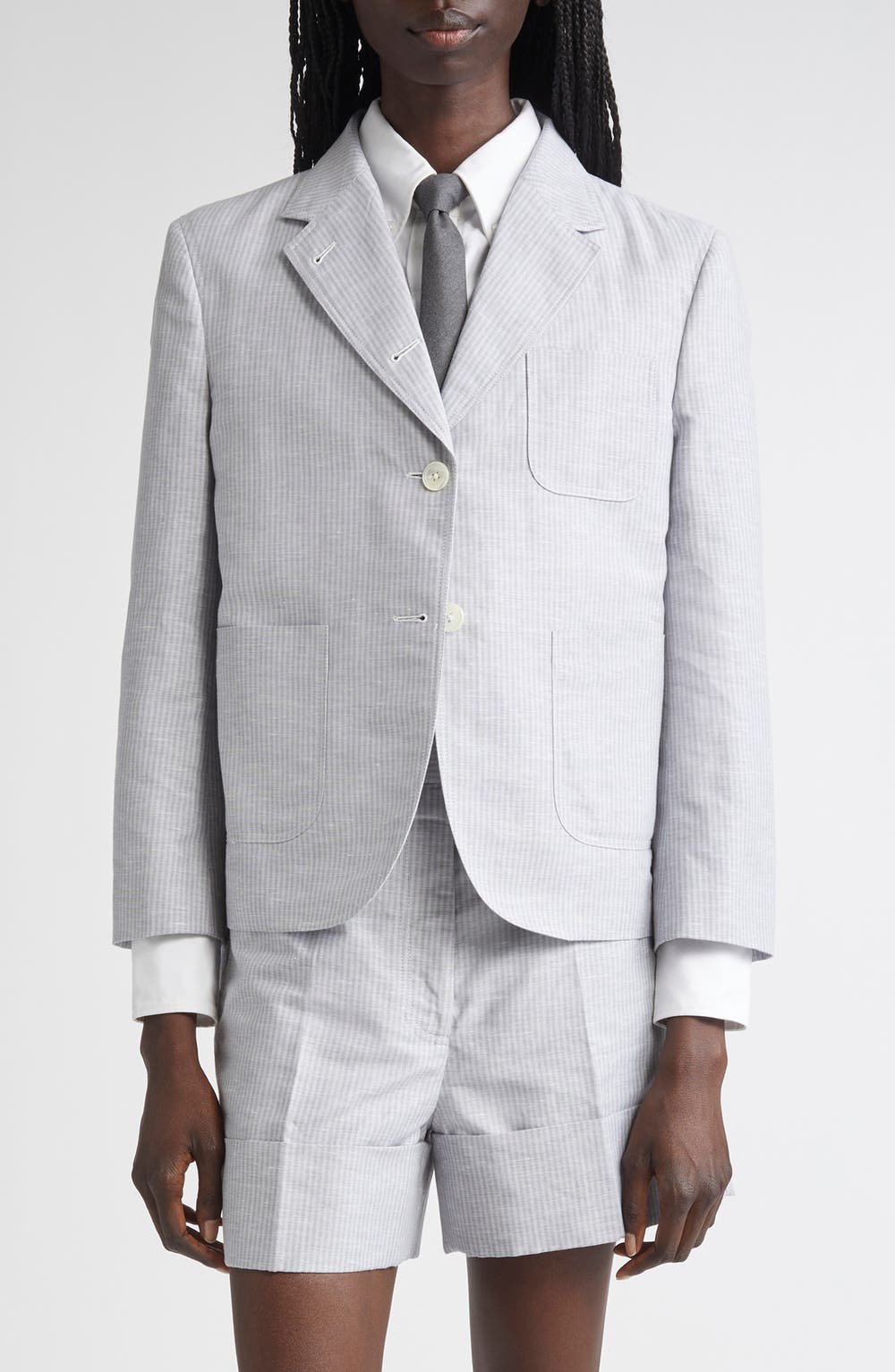 Stripe Linen & Cotton Sack Crop Blazer, color, LIGHT GREY