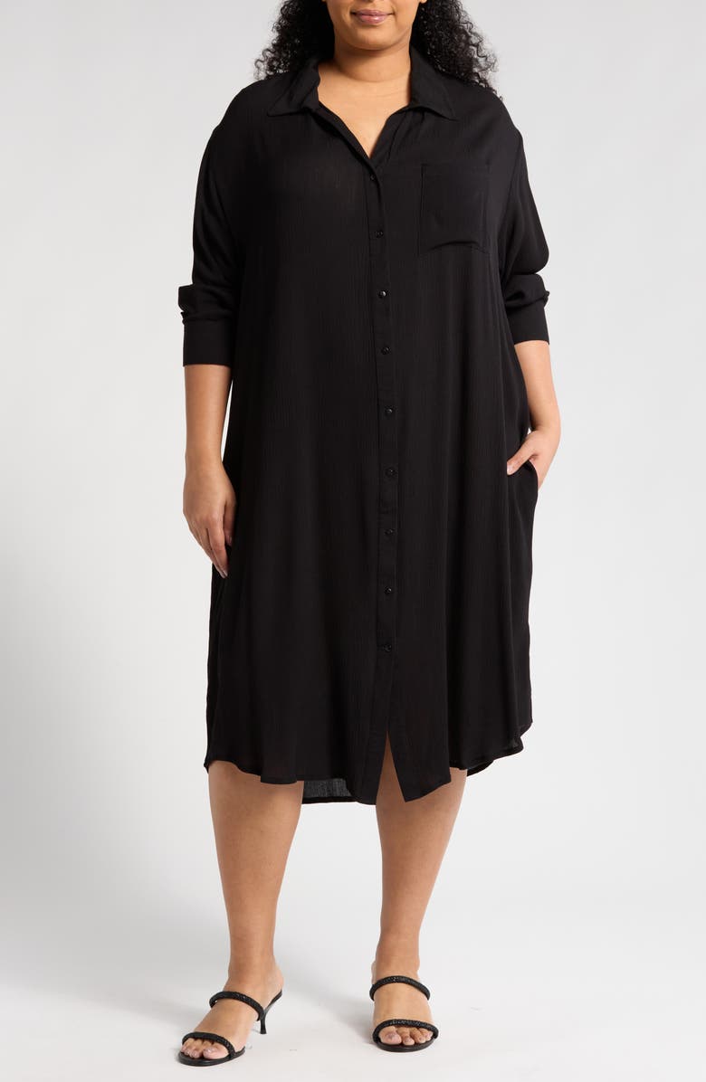 BOHO ME Long Sleeve Button-Up Shirtdress, Main, color, Black