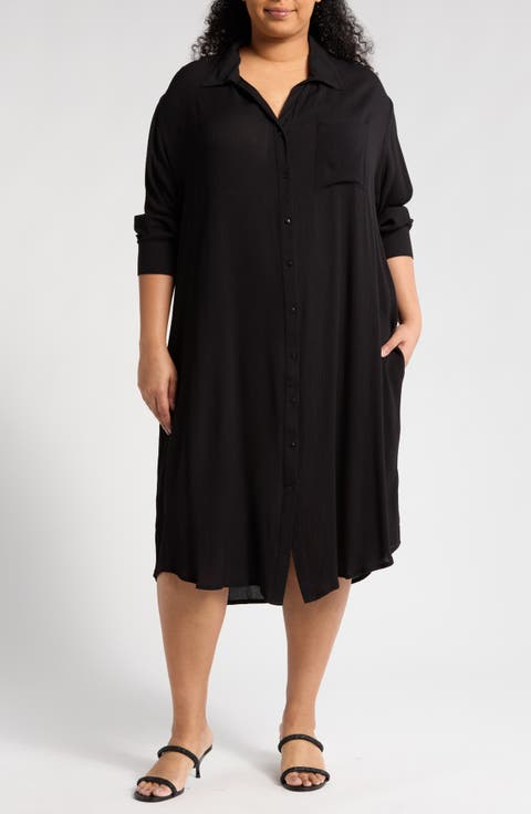 Long Sleeve Button-Up Shirtdress (Plus)