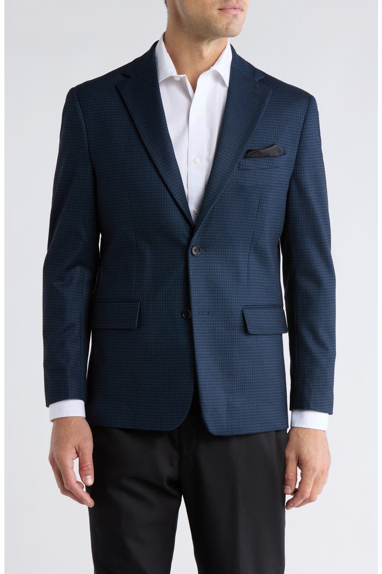 Slim Fit Plaid Stretch Knit Blazer, Main, color, NAVY