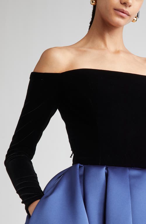 Carolina Herrera Off The Shoulder Long Sleeve Mixed Media Cocktail Dress In Blue