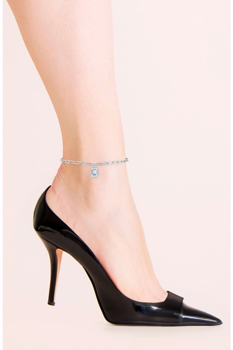 Emerald Cut Cubic Zirconia Charm Anklet, Alternate, color, CLEAR SILVER