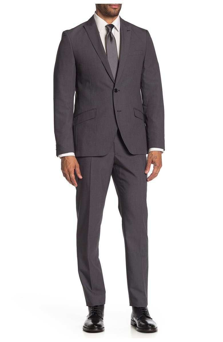 SAVILE ROW CO Brixton Grey Solid Two Button Notch Lapel Extra Trim Suit, Main, color, Grey