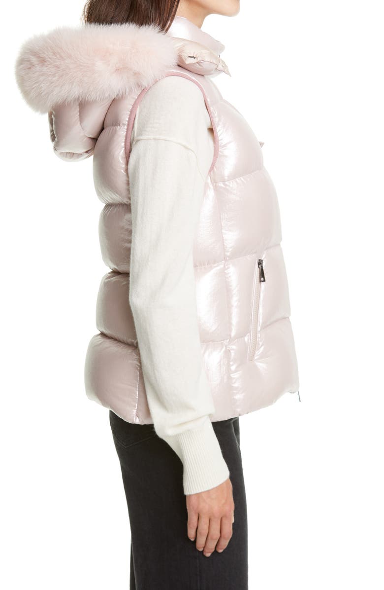 Moncler Balabio Metallic Down Puffer Hooded Vest with Removable Genuine Blue Fox Fur Trim, Alternate, color, 