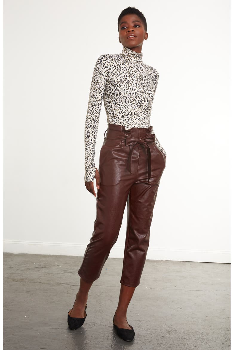 Paperbag Waist Faux Leather Crop Pants, Alternate, color, OXBLOOD