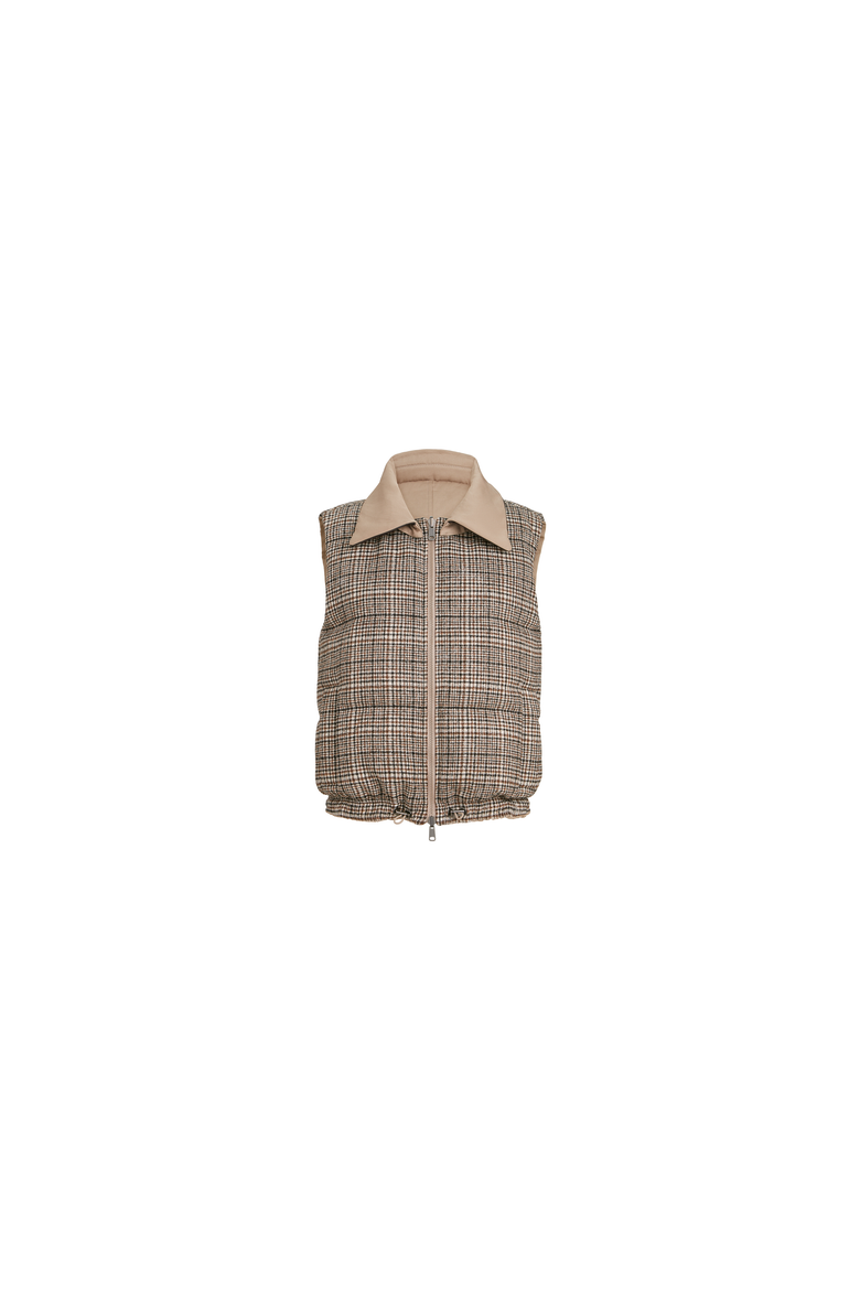 Twill and Prince of Wales reversible down vest with detchable leather collar and monili, Alternate, color, Camel