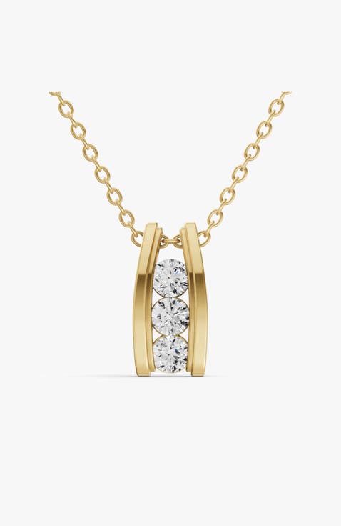 10K Gold 2 ct Round Lab Grown Diamond Three Stone Ladder Pendant With Channel Setting