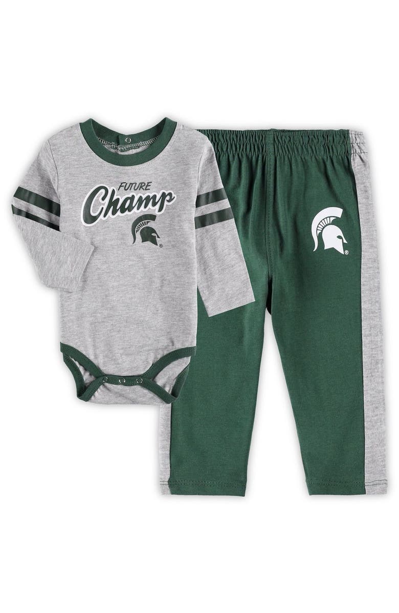Outerstuff Newborn & Infant Green/Heathered Gray Michigan State Spartans Little Kicker Long Sleeve Bodysuit & Sweatpants Set, Main, color, 