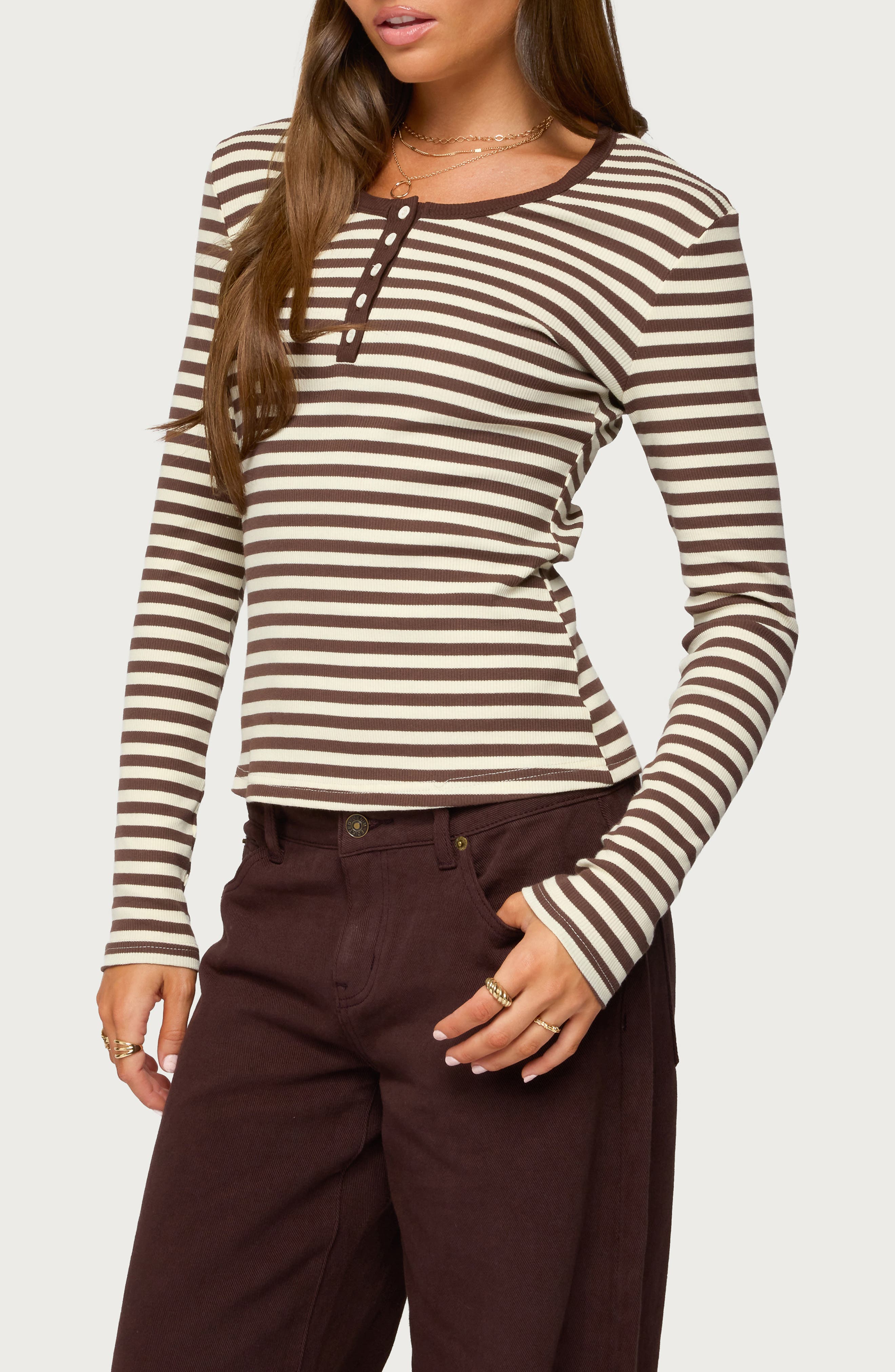 EDIKTED Roma Stripe Rib Henley Top (Women) | Nordstrom