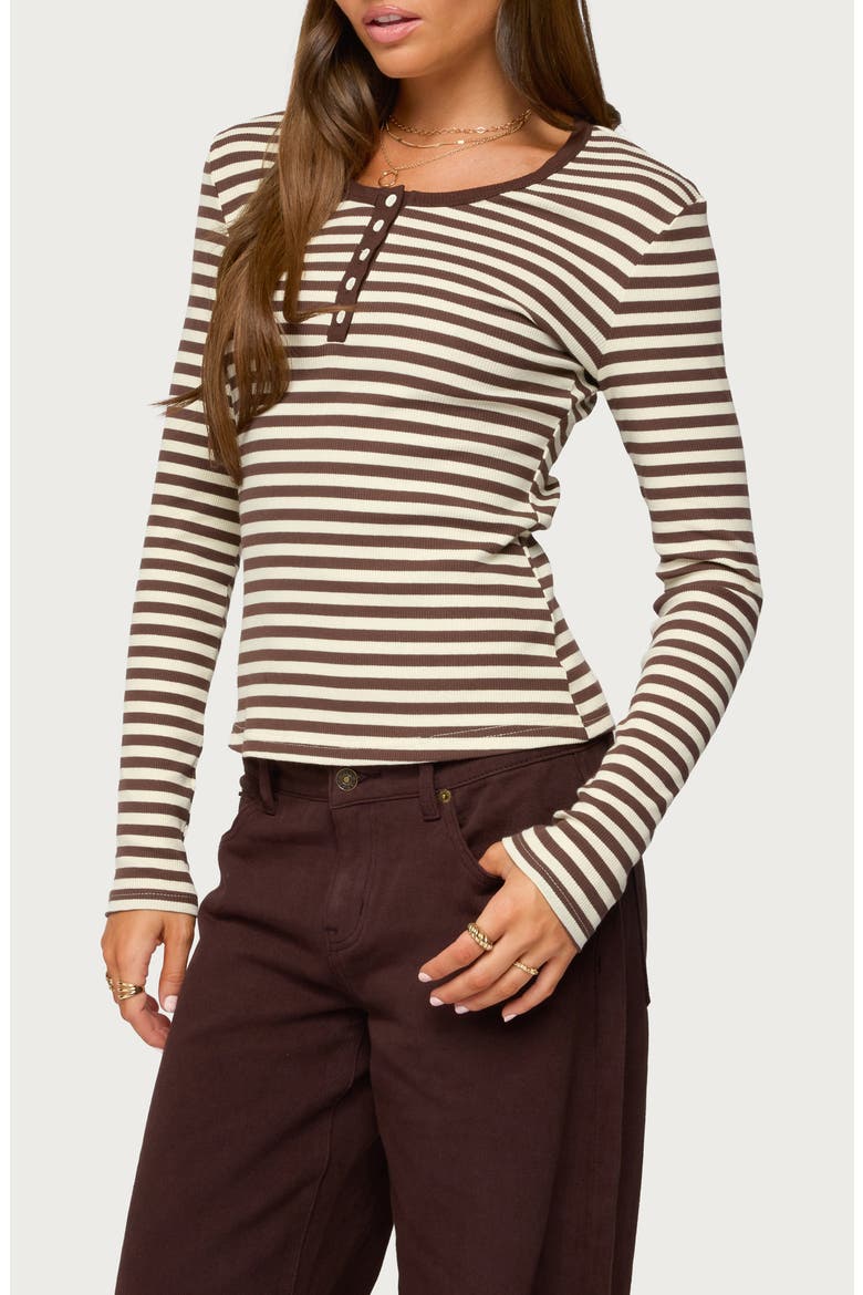 Roma Stripe Rib Henley Top, Alternate, color, BROWN