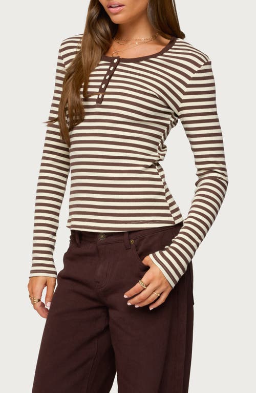 Edikted Roma Stripe Rib Henley Top In Brown