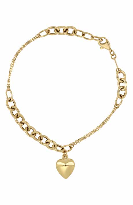14k Gold Mixed Chain Heart Charm Bracelet