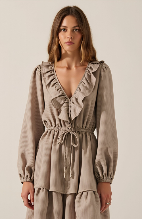 Modenaire Textured Stripe Maxi Dress With V-neck Flounce Ruffle, Bubble Sleeves And Side Slit In Gray
