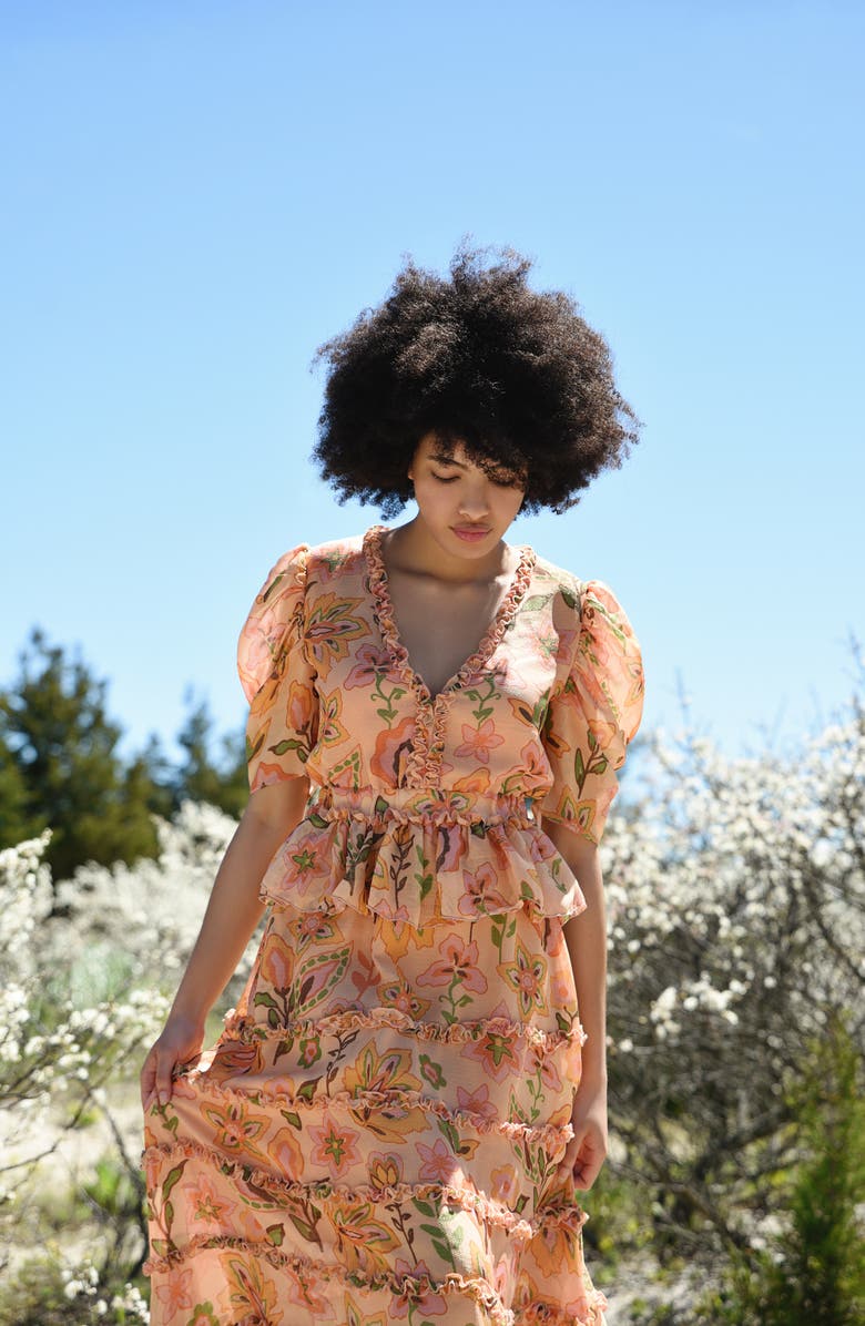 Jessie Zhao New York Gold Garden Metallic Midi Dress, Alternate, color, Orange