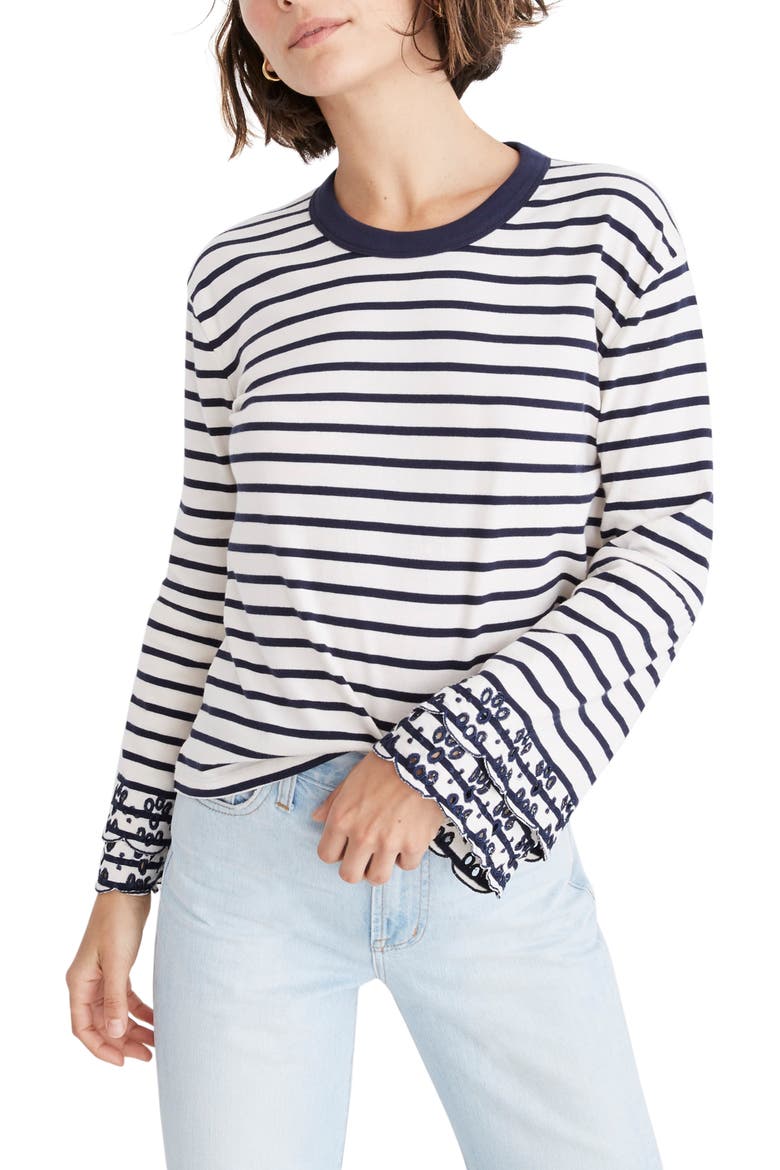 Baker Stripe Eyelet Embroidered Tier Sleeve Tee, Main, color, PEARL IVORY SOCOTRA STRIPE