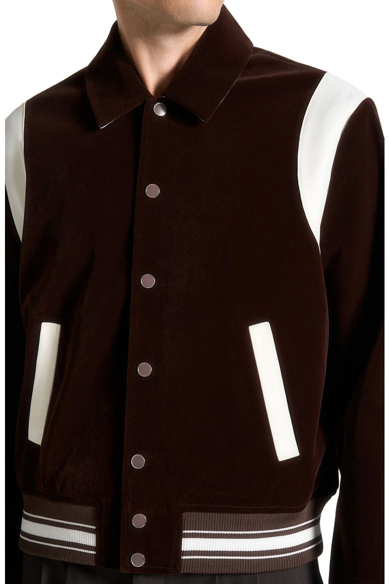 Nico Velvet & Satin Varsity Jacket, Alternate, color, Brown