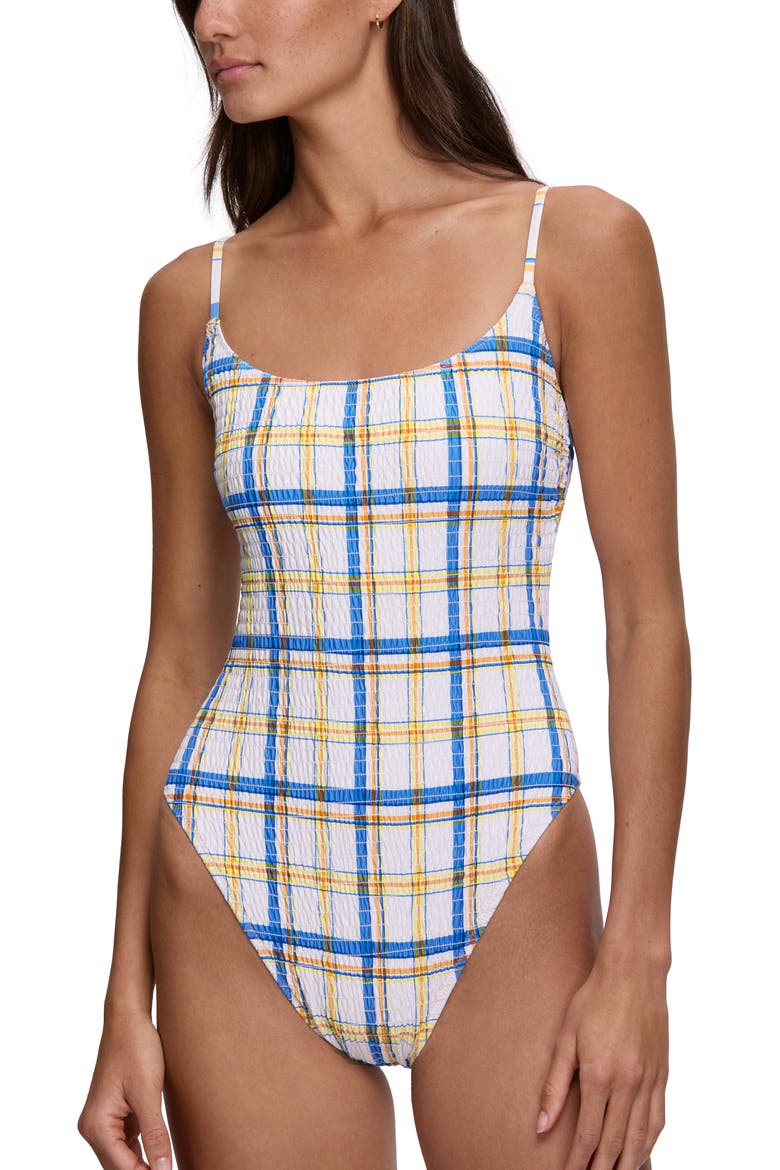 Kennedy Smocked One-Piece Swimsuit, Alternate, color, WHITE/ BLUE MULTI