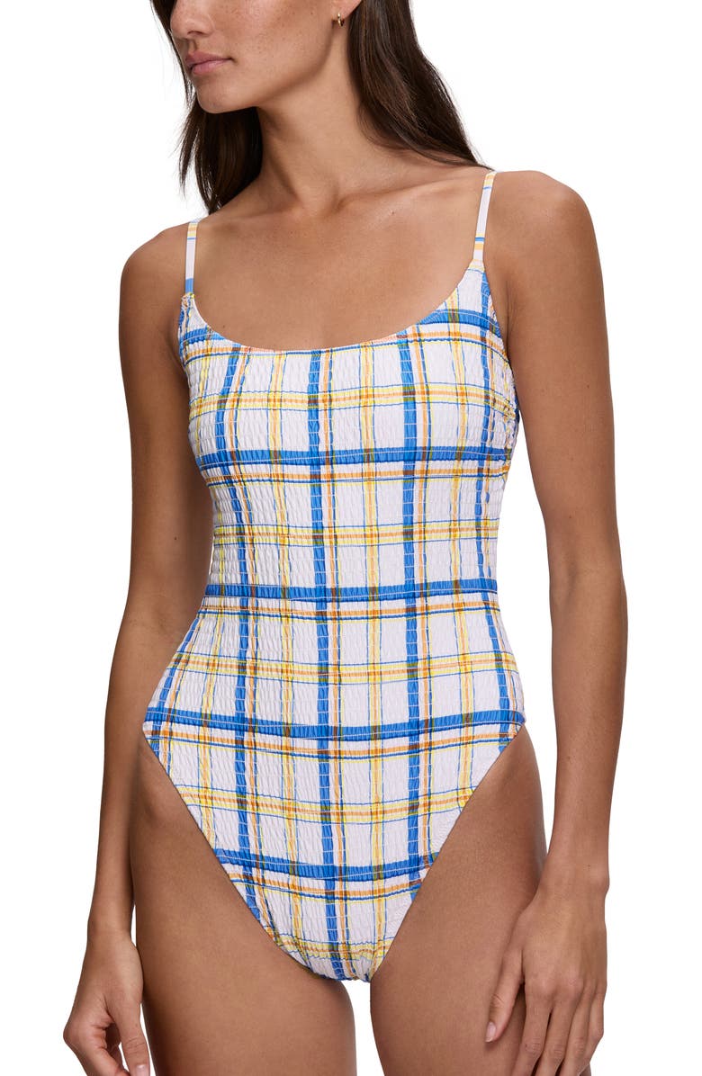 Polo Ralph Lauren Kennedy Smocked One-Piece Swimsuit, Alternate, color, White/ Blue Multi