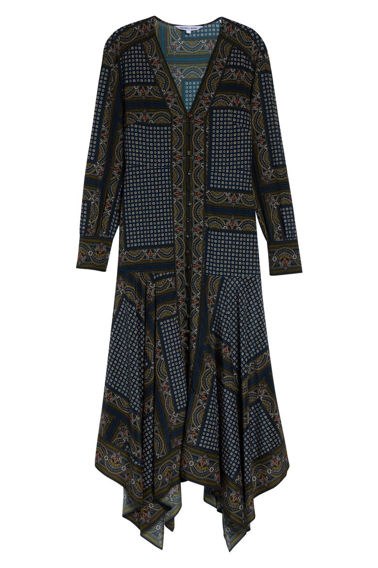 Skye Tile Print Long Sleeve Handkerchief Hem Silk Blend Shirtdress, Alternate, color, HERITAGE NAVY MULTI