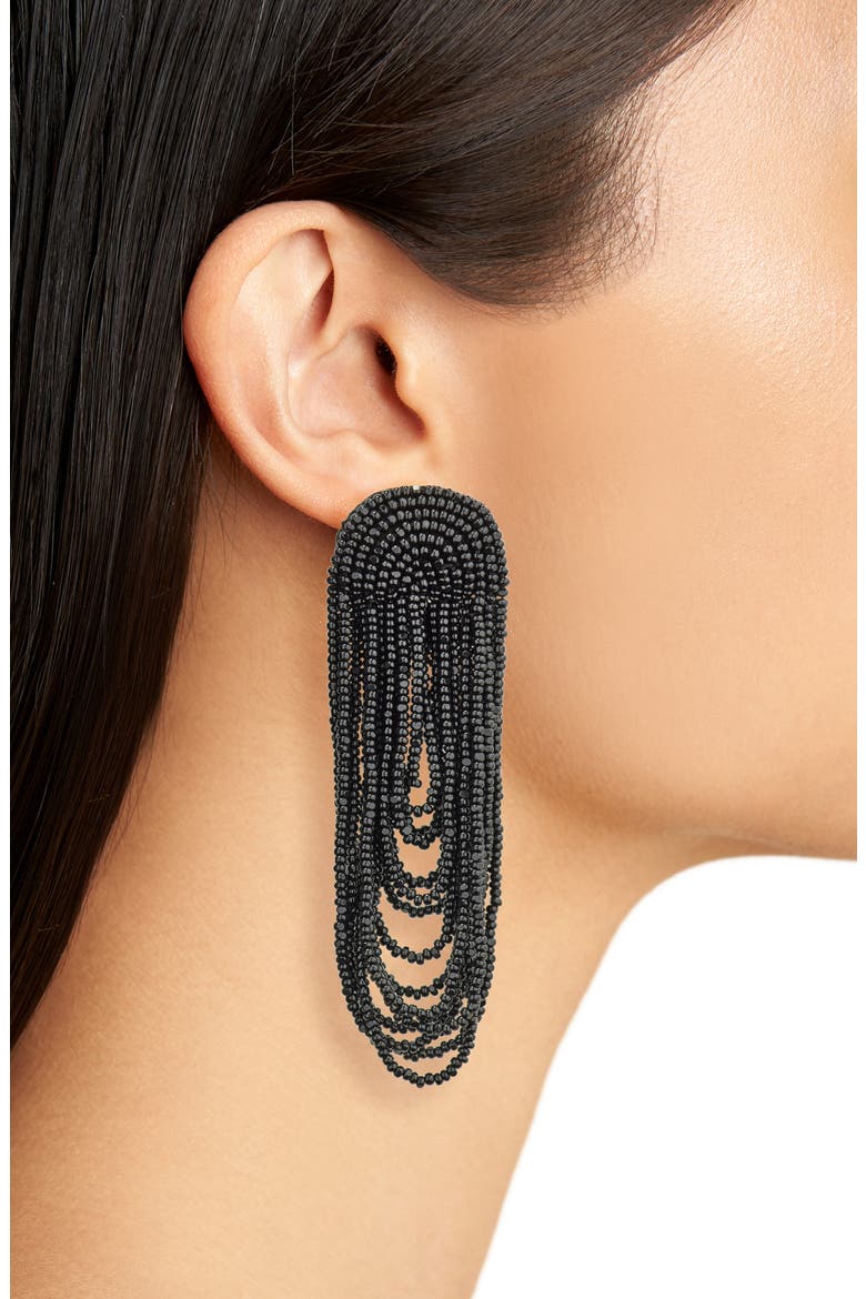 Beaded Double Curtain Clip-On Drop Earrings, Alternate, color, BLACK