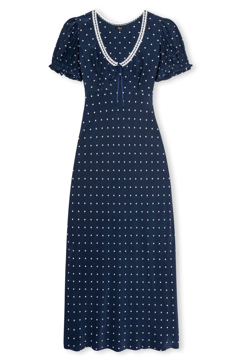 Allison Polka Dot Lace Trim Midi Dress, Alternate, color, NAVY POLKA DOTS