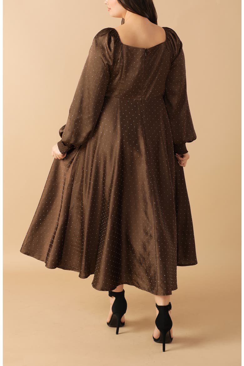 Polka Dot Long Sleeve Satin Dress, Alternate, color, BROWN