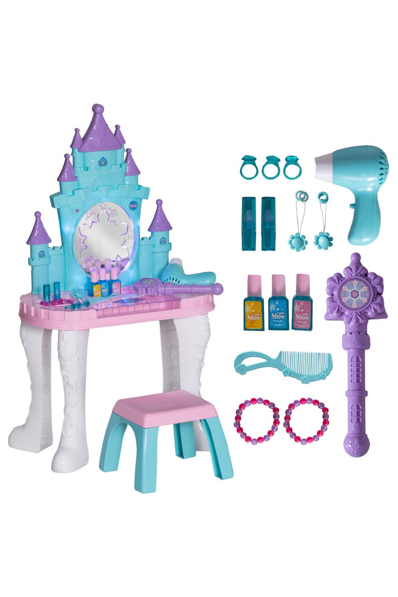 Kids Vanity Set, Mirror, Stool, Castle Design, Light, Music, Hair Dryer, Main, color, multicolor