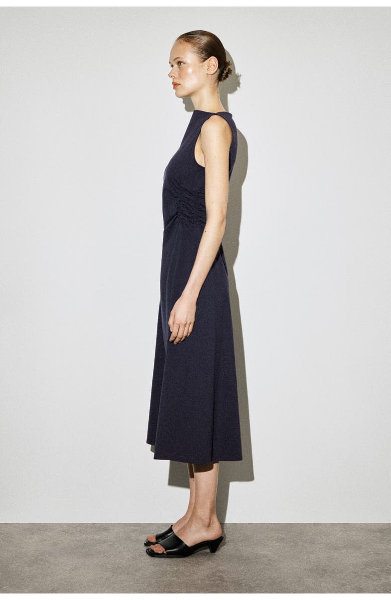 COS Ruched-waist Cotton-jersey Midi Dress, Alternate, color, Navy