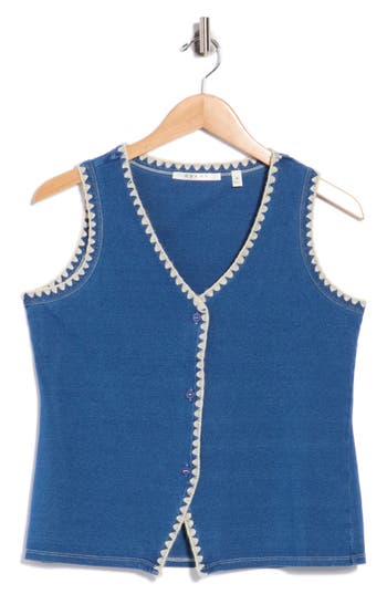 Cyrus Blanket Stitch Denim Vest In Medium Wash With Bone Stitch