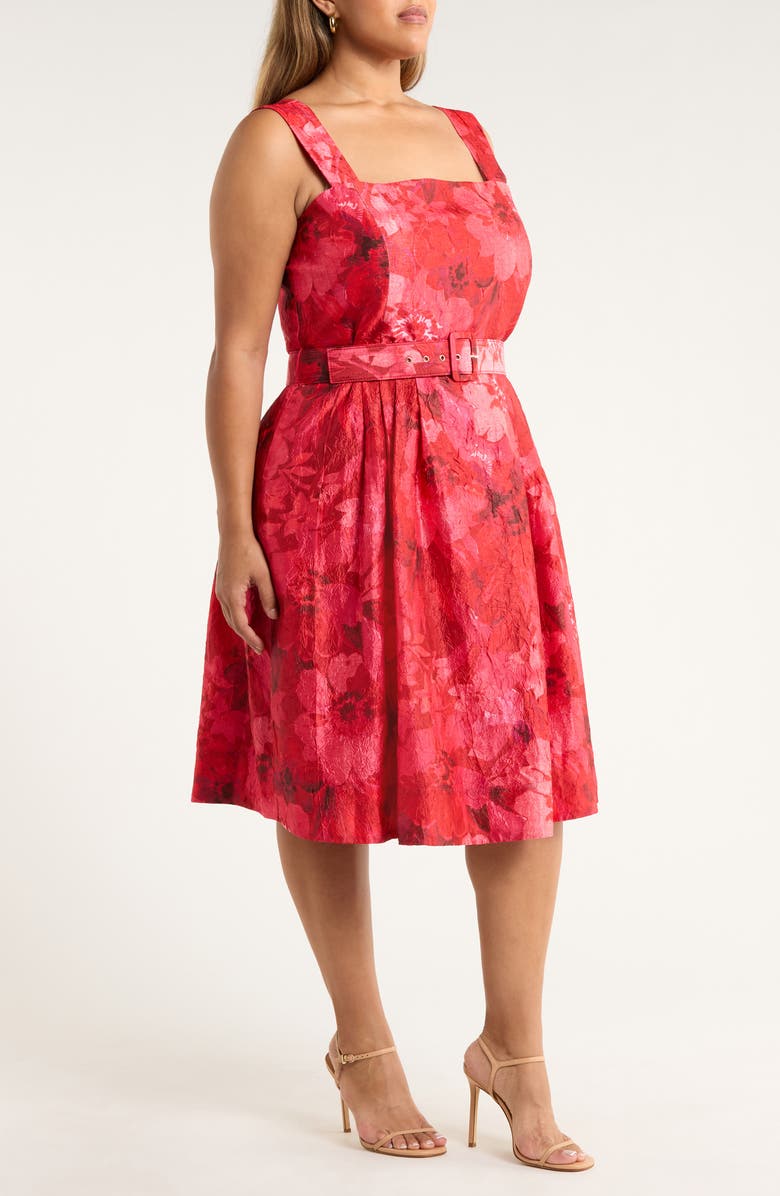 Tahari ASL Floral Print Crinkle Belted Dress, Alternate, color, Crimson