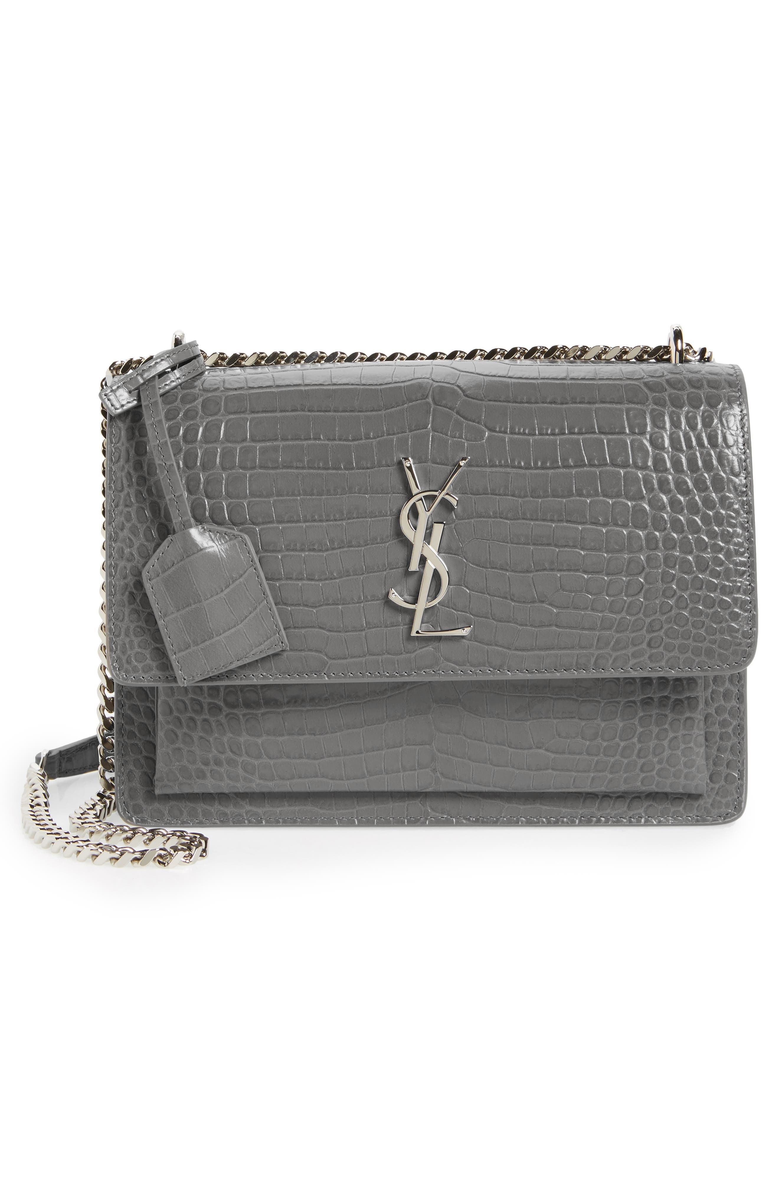 Saint Laurent 'Medium Monogram Sunset' Croc Embossed Leather Shoulder Bag, Main, color, 